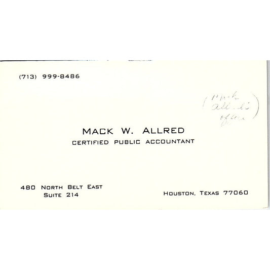 Mack W Allred CPA Houston TX Vintage Business Card SD9-B1