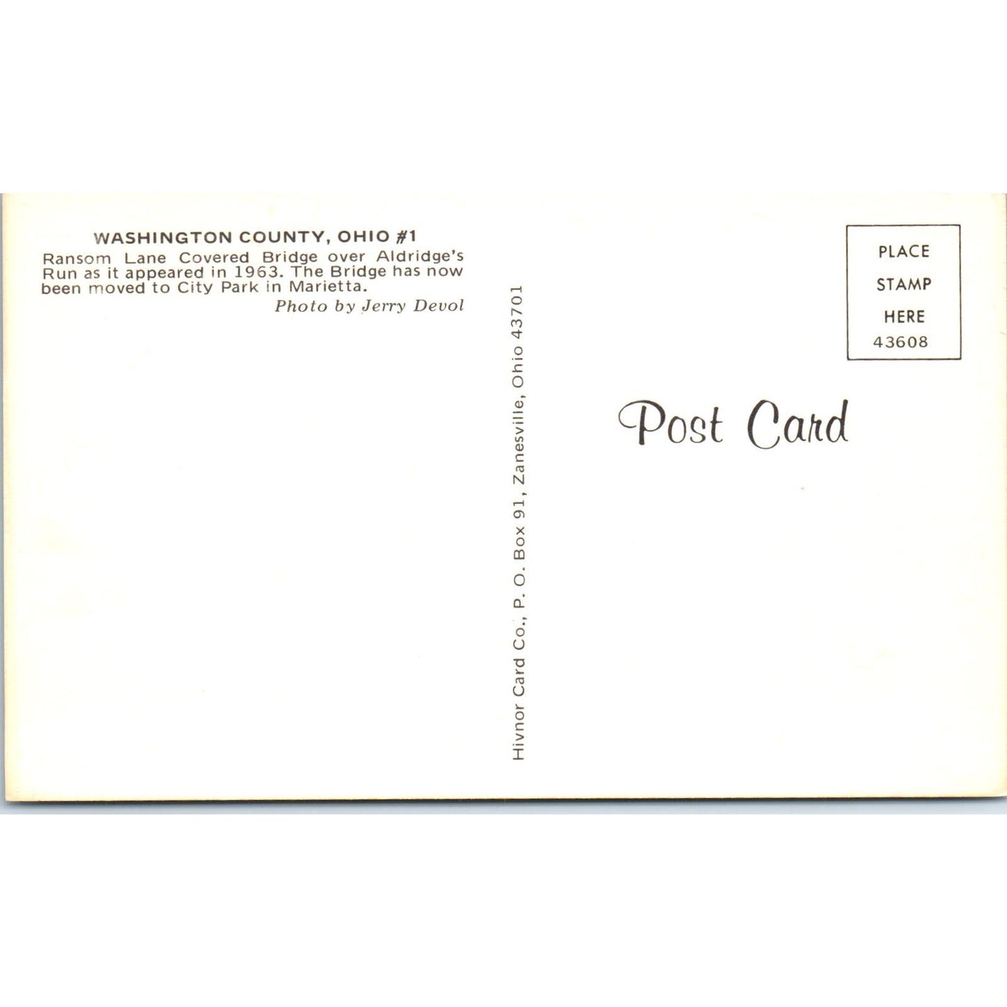 Washington County #1 Aldridges Run Marietta Covered Bridge Postcard PC3