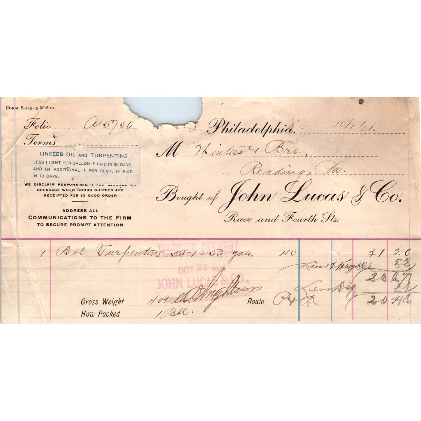 1901 John Lucas & Co Philadelphia Turpentine Original Billhead Receipt AE7-1