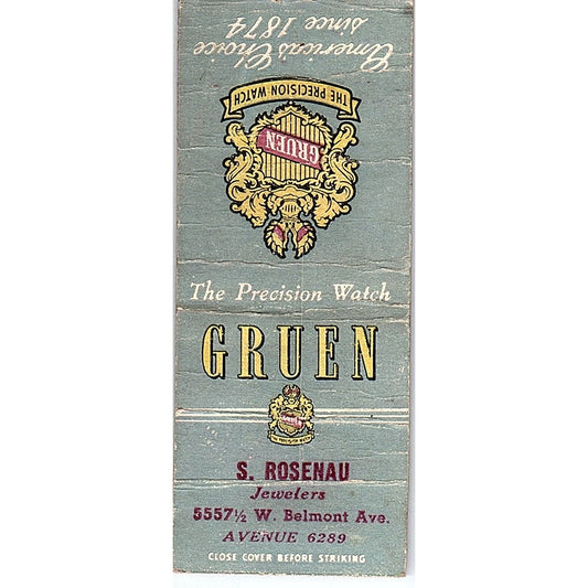Gruen Watches S. Rosenau Jewelers Chicago Vintage Matchbook Cover SF3-Y2