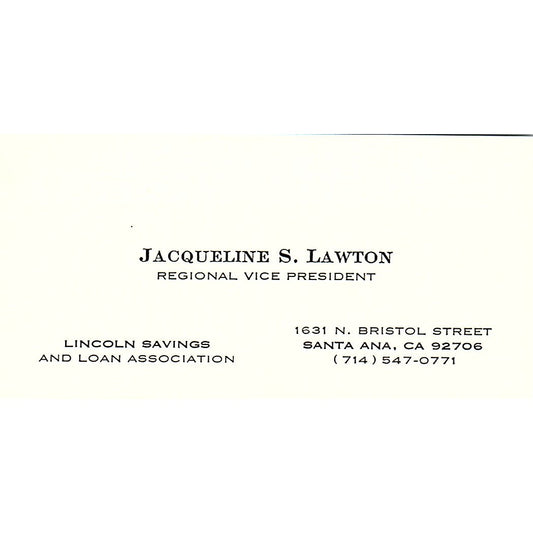 Lincoln Savings And Loan Jacqueline S Lawton Santa Ana CA Business Card SB4-B10