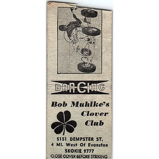 Bob Mulkhe's Clover Club Evanston IL Vintage Matchbook Cover SF3-Y2