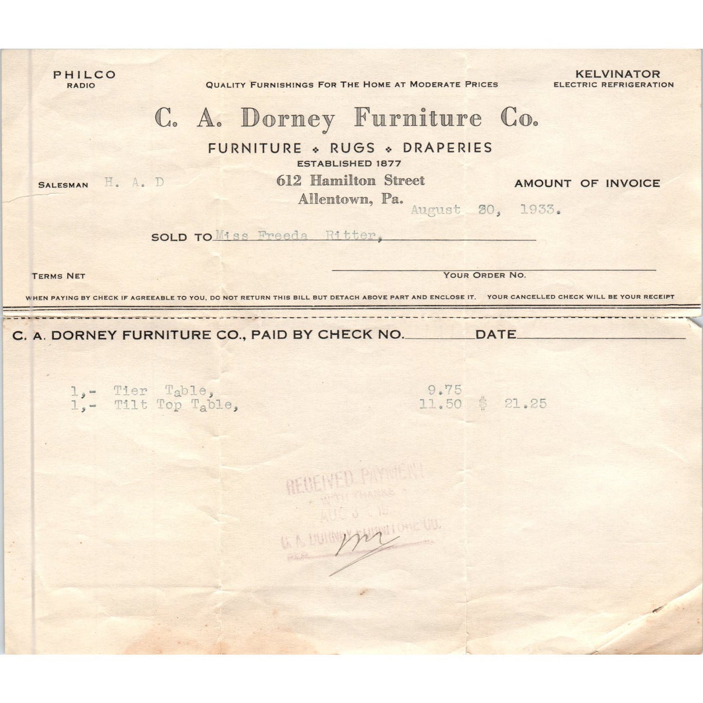 1933 C.A. Dorney Furniture Co Letterhead Invoice Allentown PA AE5