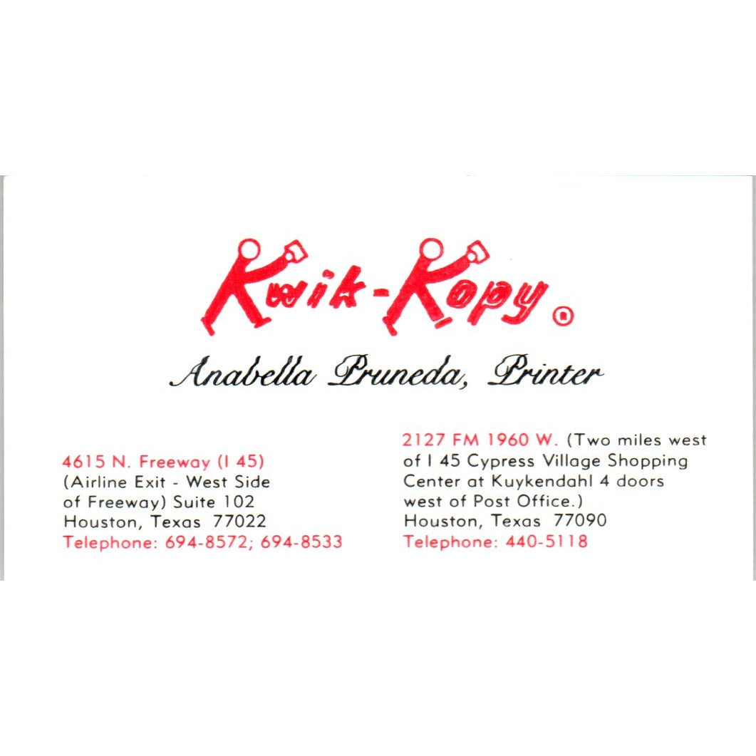 Anabella Pruneda Kwik-Kopy Houston TX Vintage Business Card SD4-B3