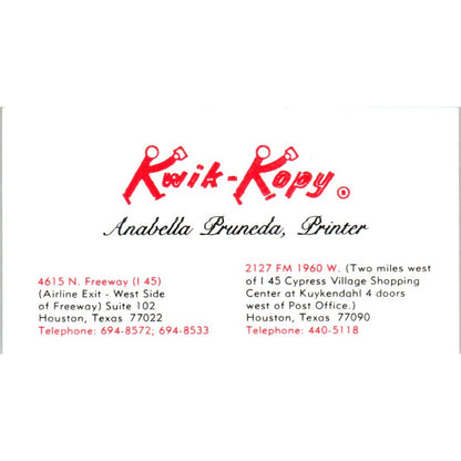 Anabella Pruneda Kwik-Kopy Houston TX Vintage Business Card SD4-B3