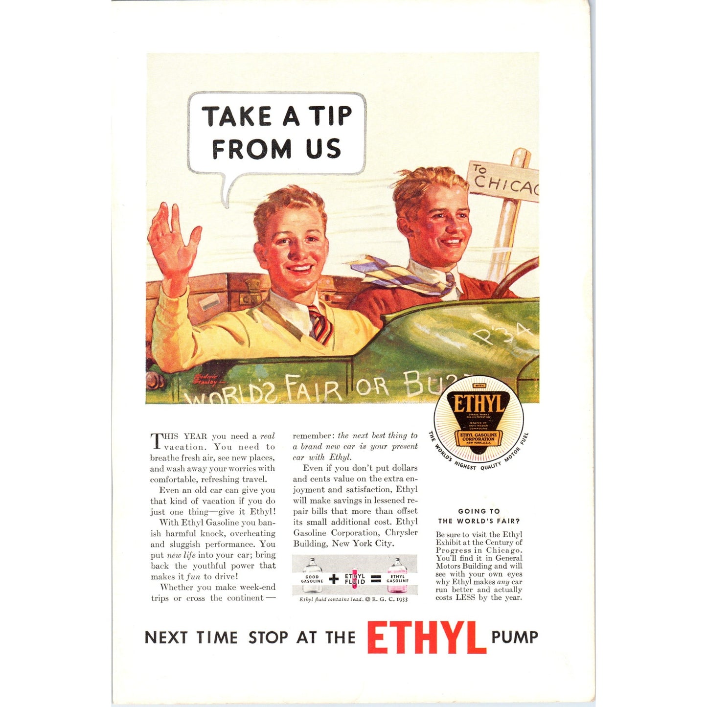 1933 Ethyl Gasoline World's Fair Take a Tip From Us - Vintage Magazine Ad D18