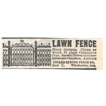 Lawn Fence Coiled Spring Fence Co Winchester IN 1905 Magazine Ad AF1-NES1