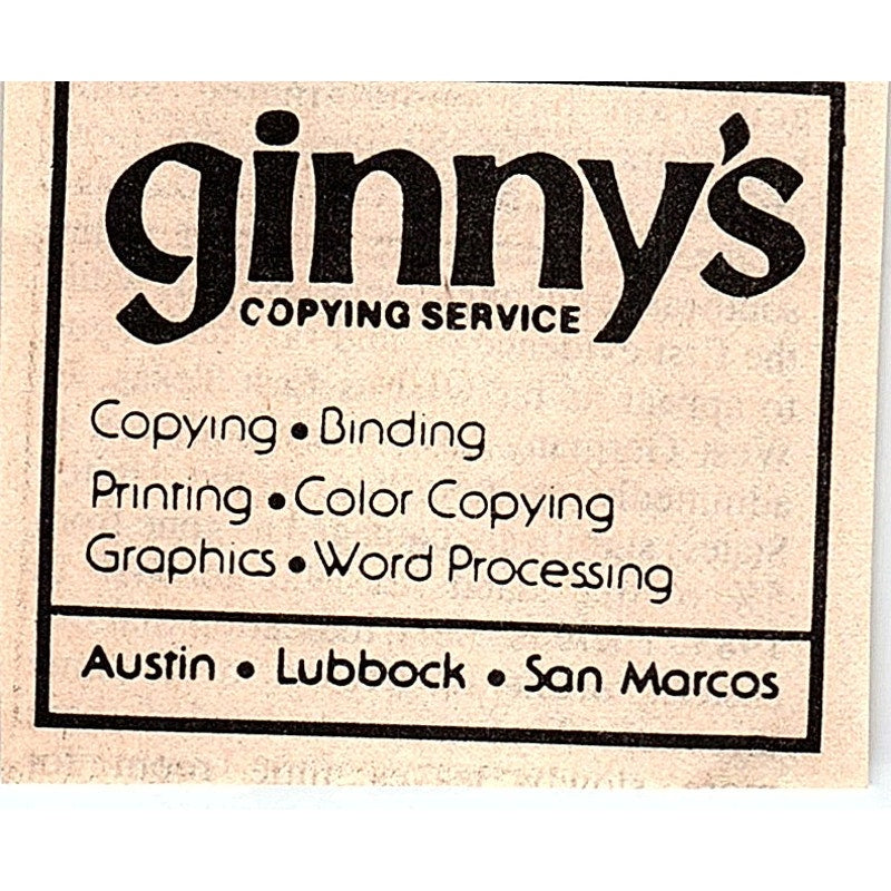 Ginny's Copying Service Austin Lubbock San Marcos Texas 1984 Ad AF6-M4