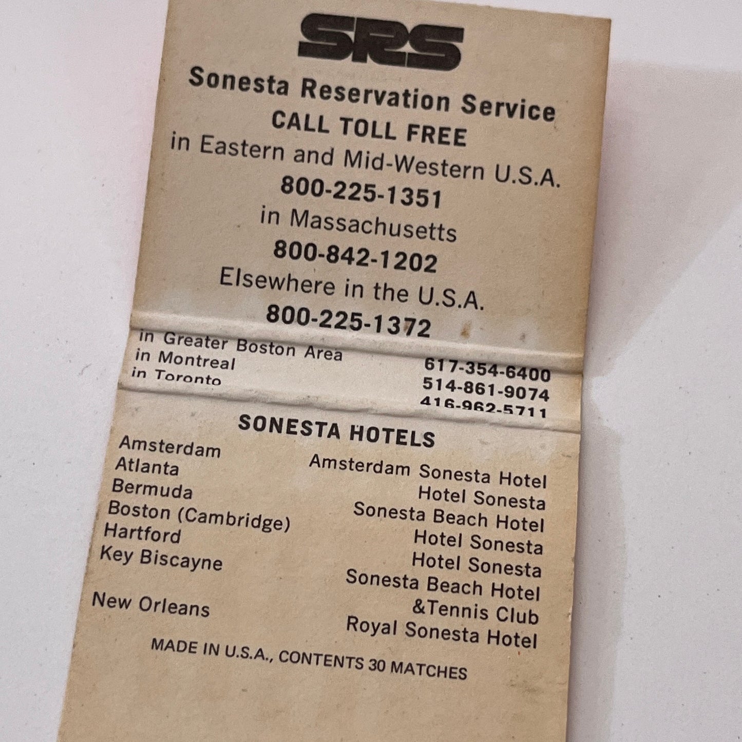 Hotel Sonesta Hartford CT Vintage Matchbook Cover TB6-MB1-9