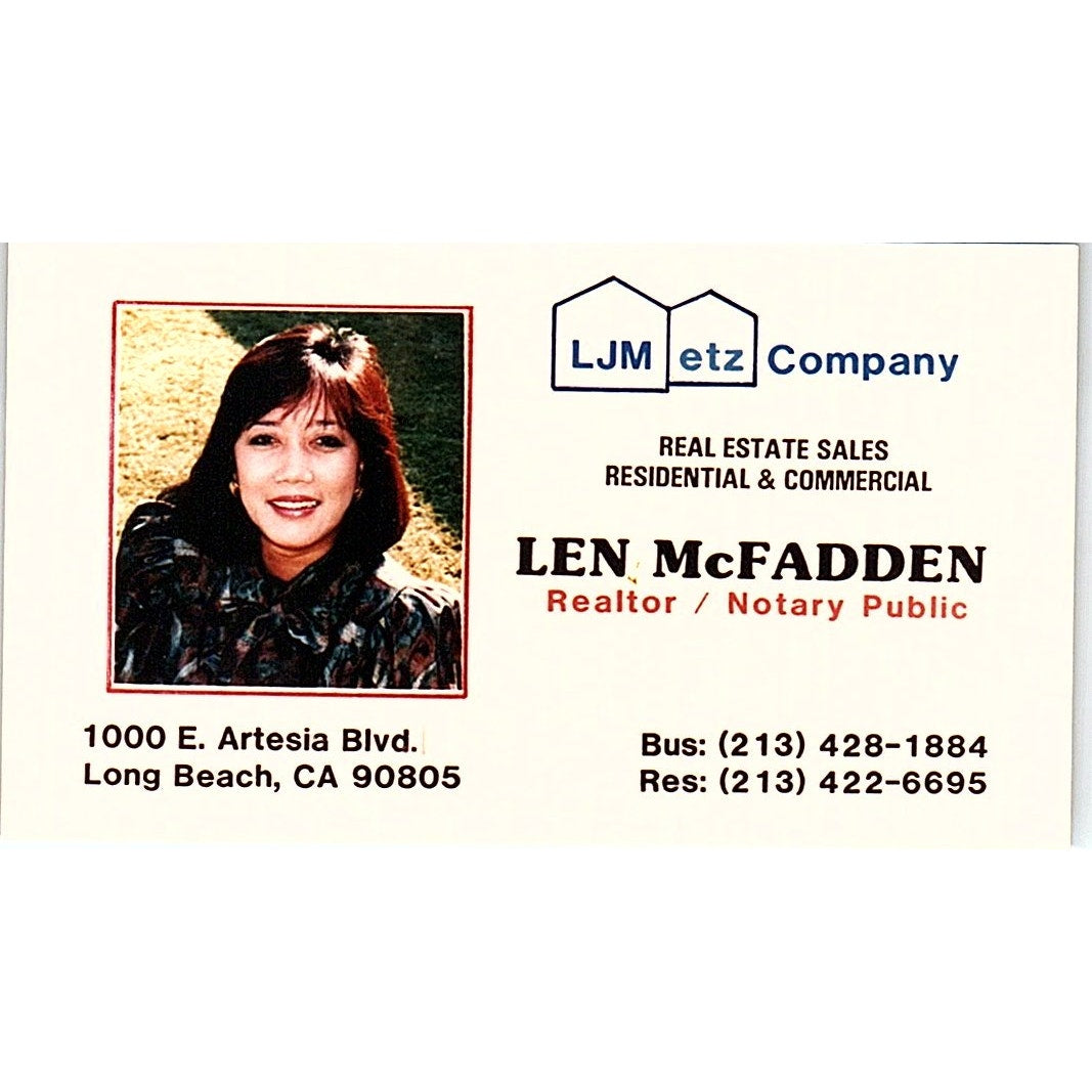 Len McFadden Realtor LJM Etz Co Long Beach Vintage Business Card SD9-B11