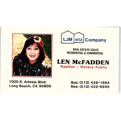Len McFadden Realtor LJM Etz Co Long Beach Vintage Business Card SD9-B11