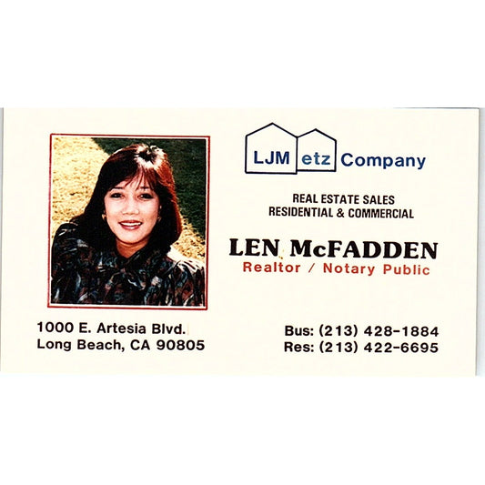 Len McFadden Realtor LJM Etz Co Long Beach Vintage Business Card SD9-B11