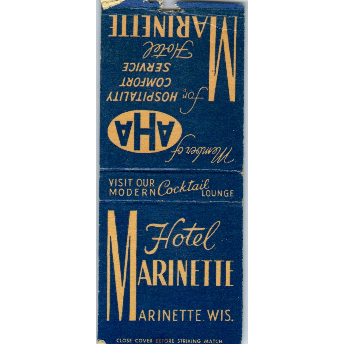 Hotel Marinette WI Vintage Matchbook Cover SD2-Y11