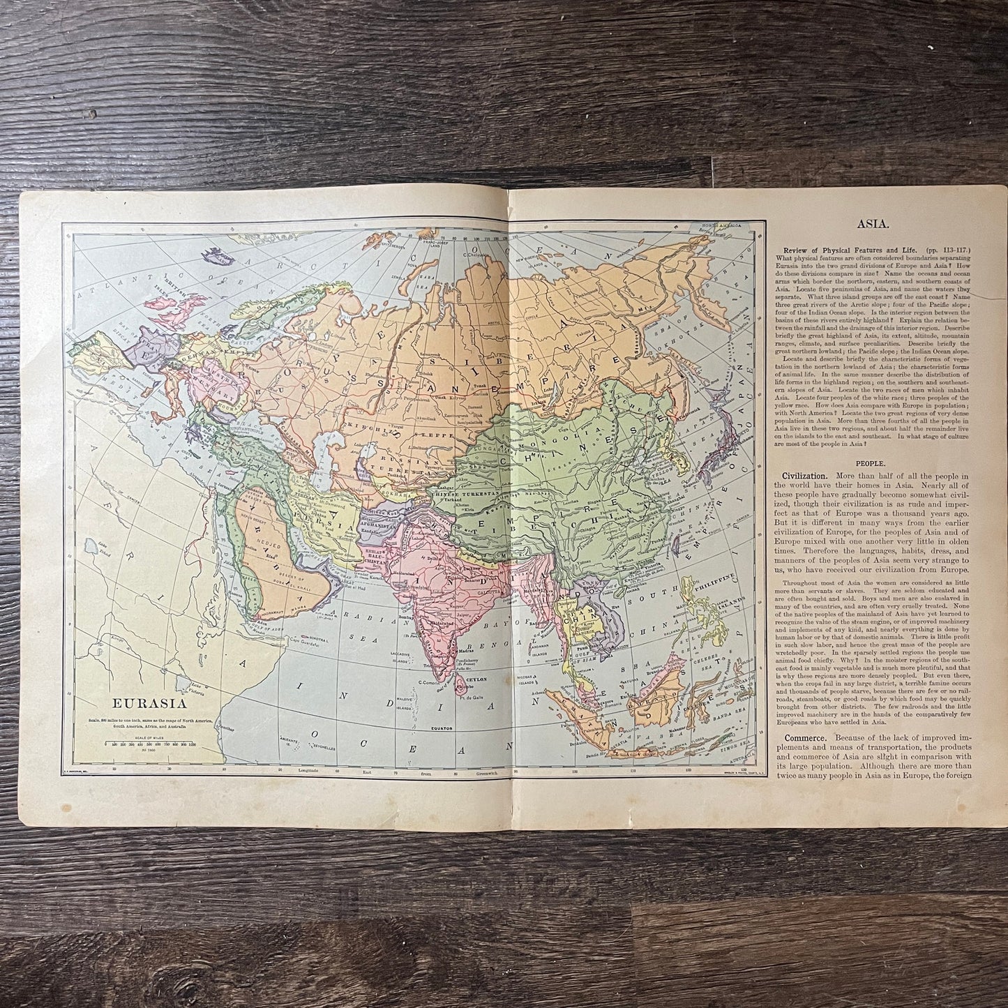 Physical Map of Eurasia 2 Page Fold Out Map 1901 Map V14-1