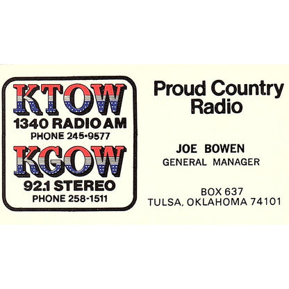 Proud Country Radio Joe Bowen Tulsa OK Vintage Business Card SSB4-B12