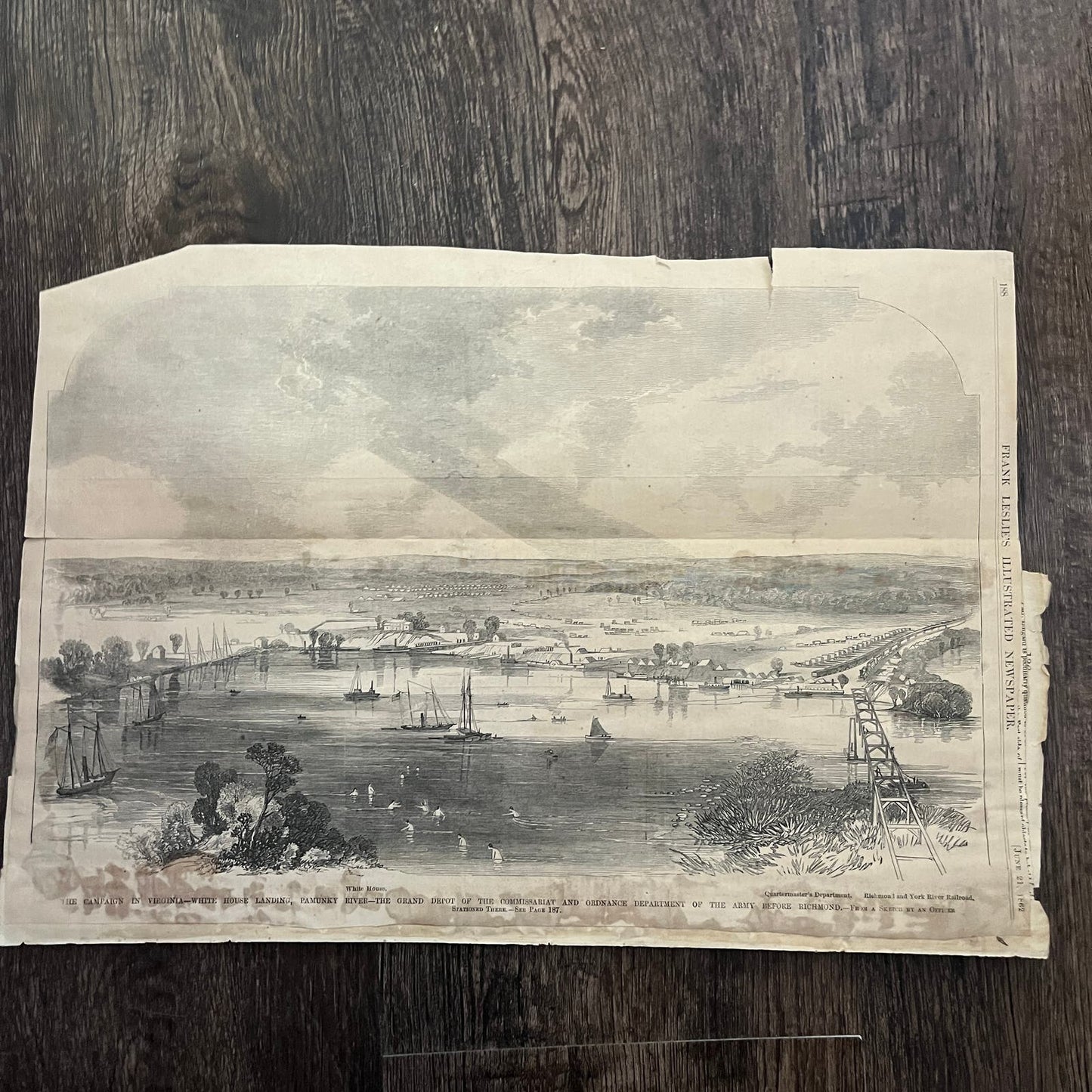 White House Landing Pamunkey River Army Original 1863 Civil War Engraving C91