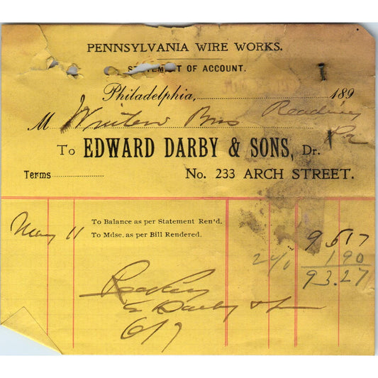 1901 Edward Darby & Sons Metals Philadelphia Original Billhead Letterhead AE7-2