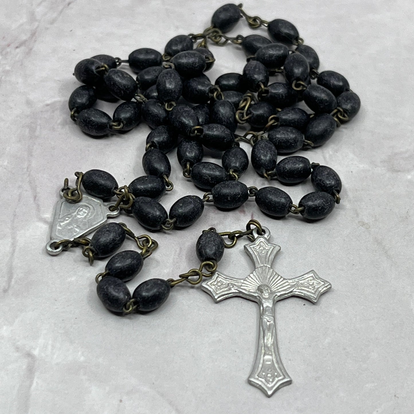 Vintage Black Wood Catholic Rosary Scapular Italy Marian Prayer Beads SE2-2