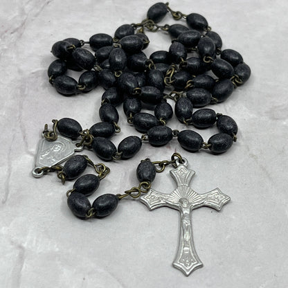 Vintage Black Wood Catholic Rosary Scapular Italy Marian Prayer Beads SE2-2