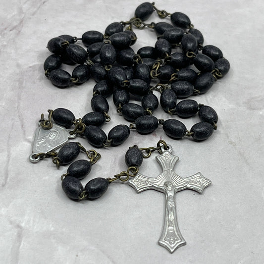 Vintage Black Wood Catholic Rosary Scapular Italy Marian Prayer Beads SE2-2
