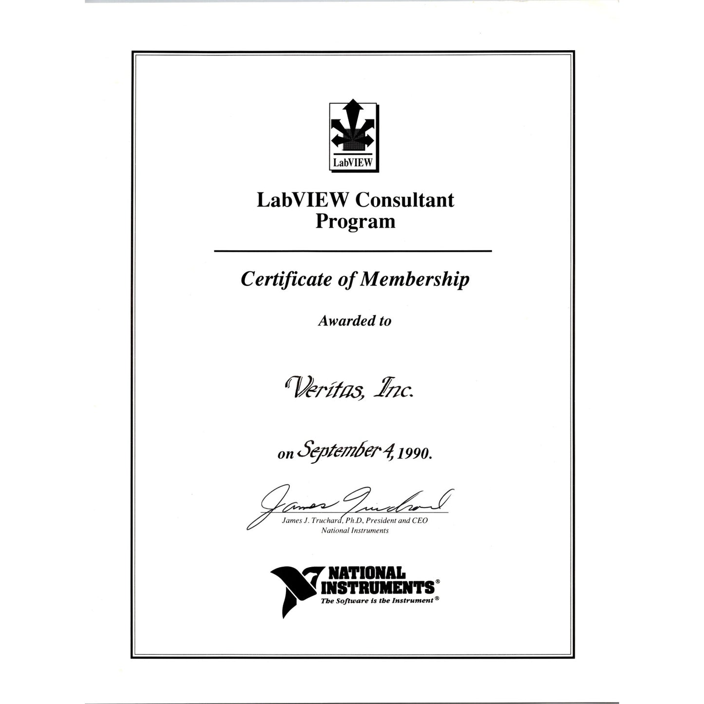 1990 LabVIEW Consultant Membership Certificate National Instruments K23