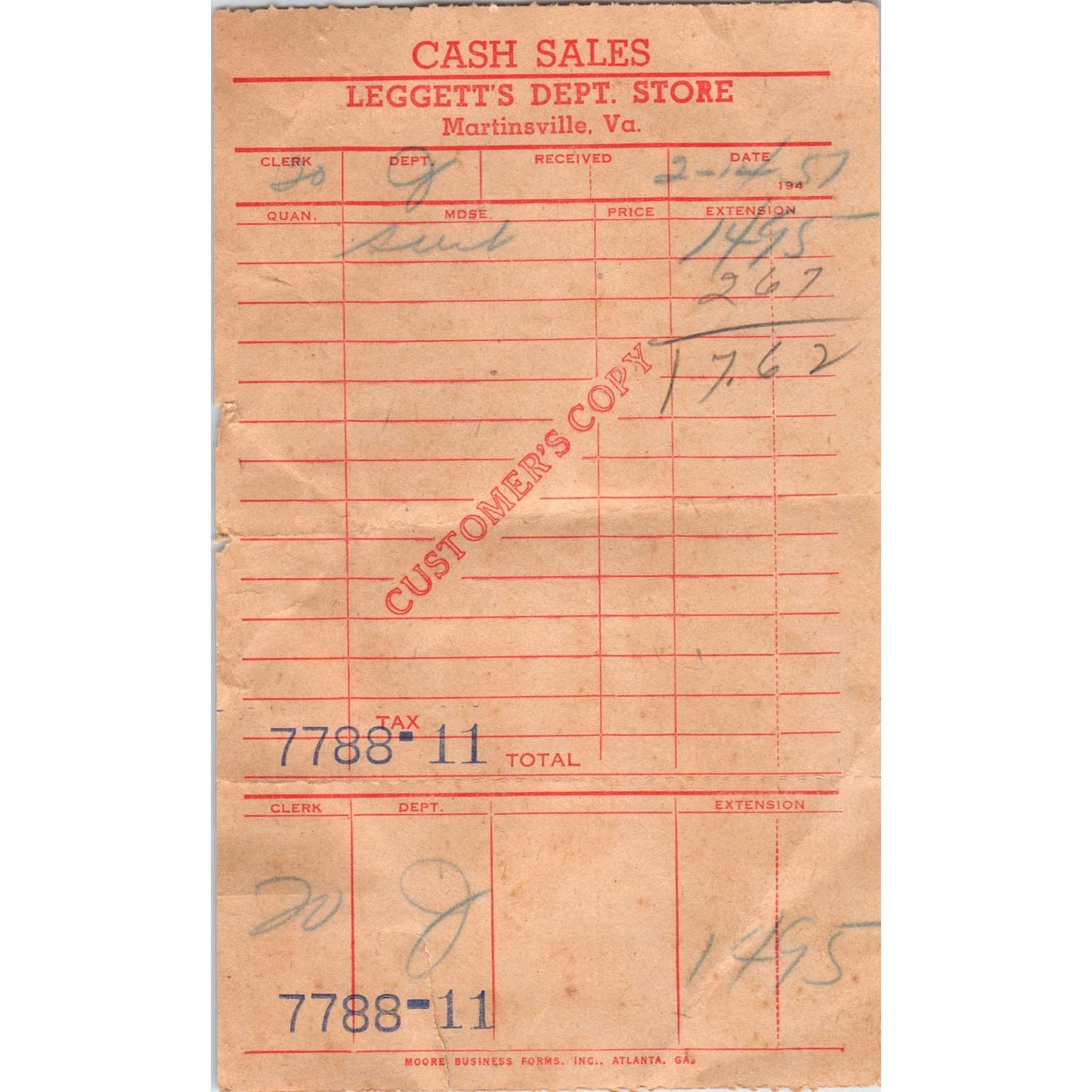 1957 Leggett's Department Store Martinsville Virginia Receipt Billhead AF1-RR5