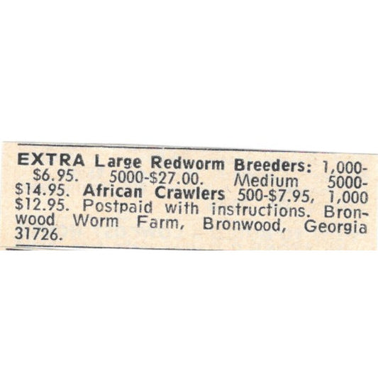 Bronwood Worm Farm African Crawlers Bronwood GA 1977 Ad AF6-S7