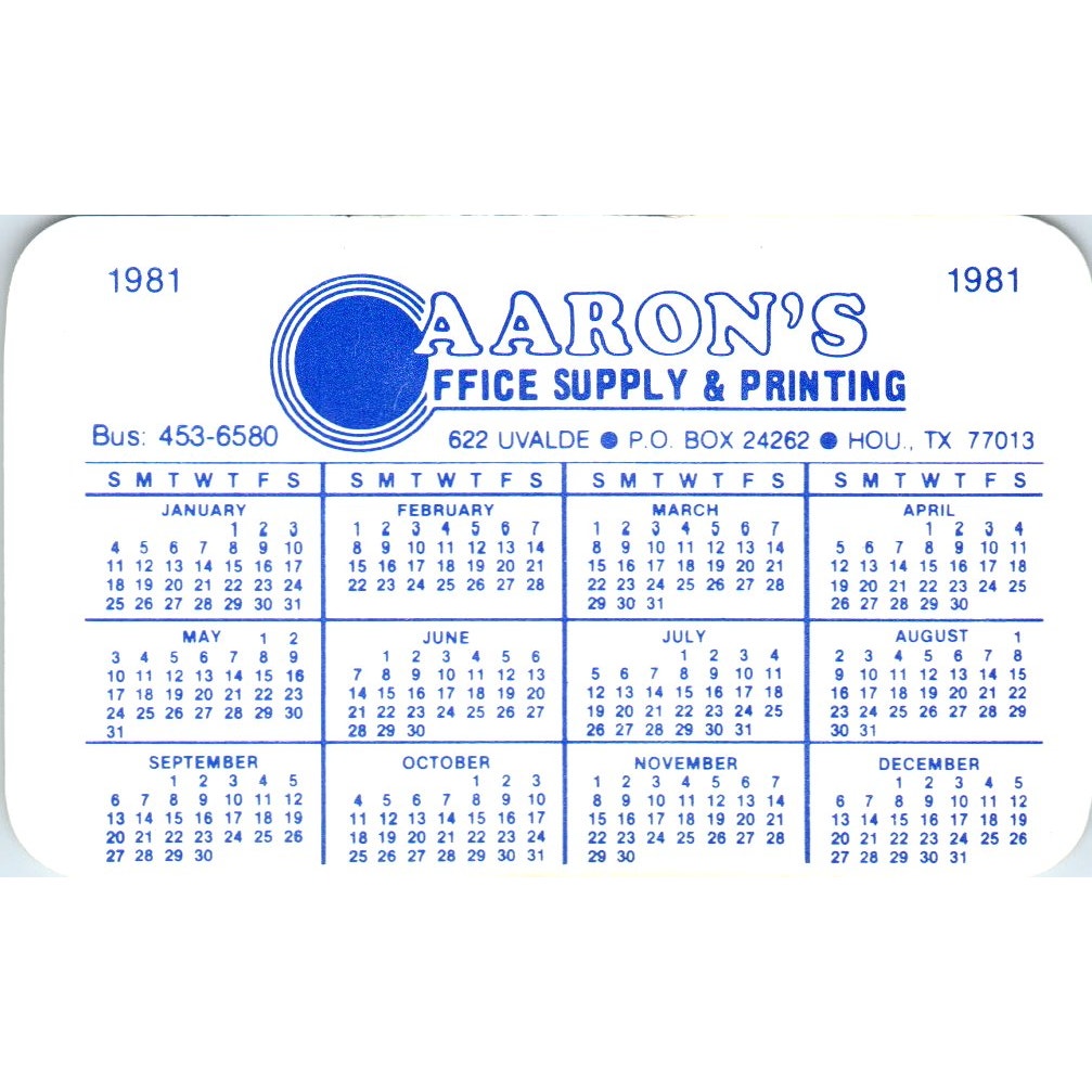 1981 Aaron's Office Supply & Printing Houston TX Vintage Business Card SE3-B5