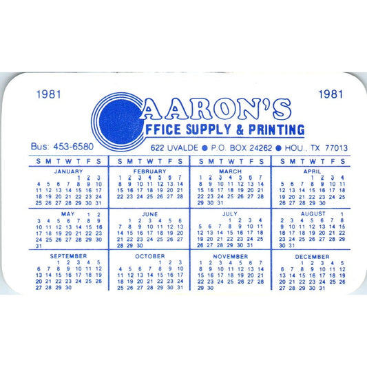 1981 Aaron's Office Supply & Printing Houston TX Vintage Business Card SE3-B5