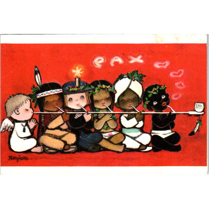 c1950 Ethnic Children Smoking Peace Pipe Danish Christmas Ferrandiz Card AE2