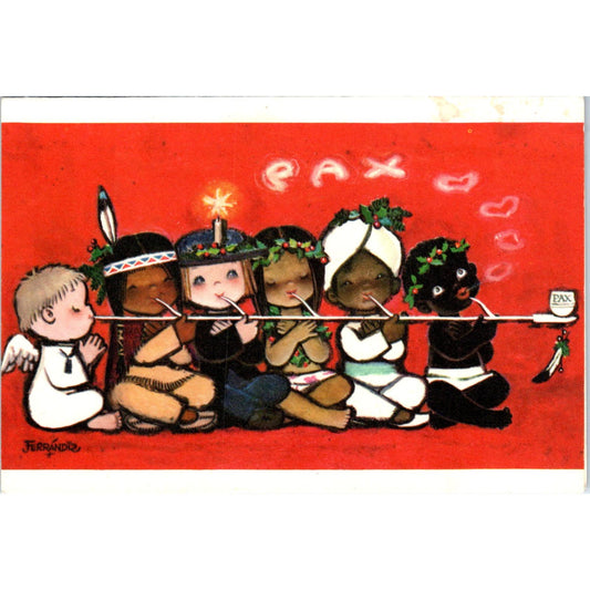 c1950 Ethnic Children Smoking Peace Pipe Danish Christmas Ferrandiz Card AE2