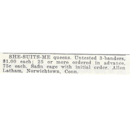 Allen Latham She-Suits-Me Queen Bees Norwichtown CT 1926 Ad AG3-S21