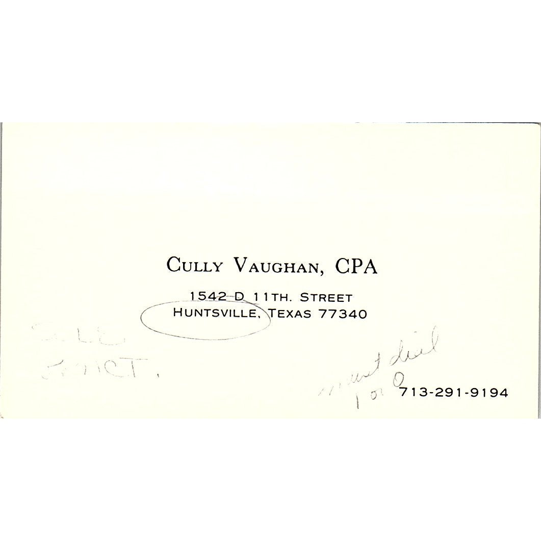 Cully Vaughan CPA Huntsville TX Vintage Business Card SD9-B1