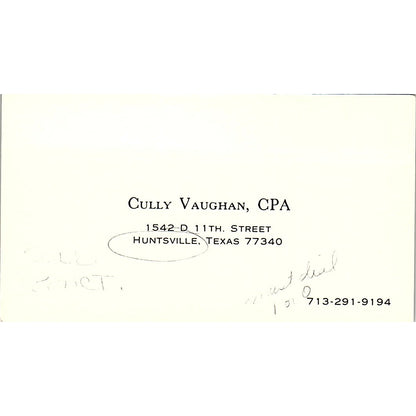 Cully Vaughan CPA Huntsville TX Vintage Business Card SD9-B1