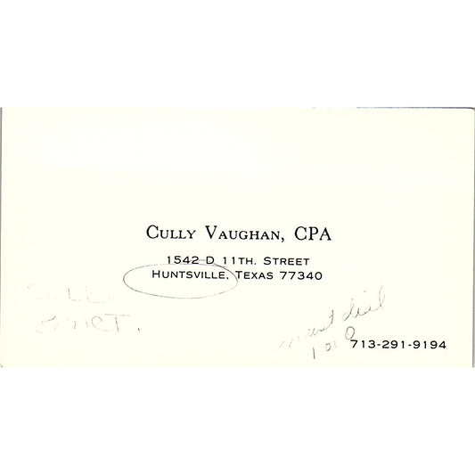 Cully Vaughan CPA Huntsville TX Vintage Business Card SD9-B1