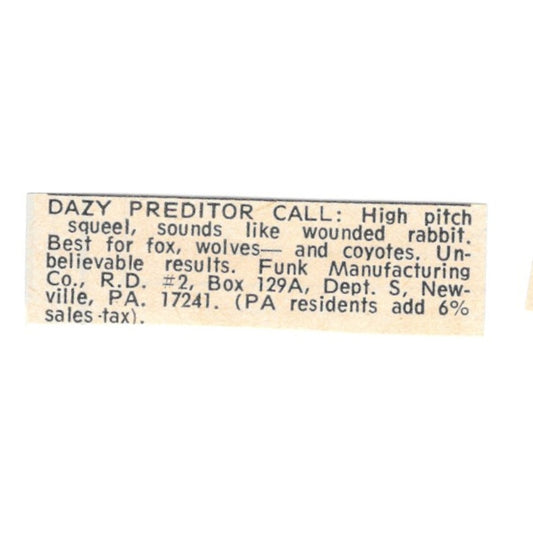 Dazy Predator Call Funk MFG Co Newville PA 1977 Ad AF6-S7