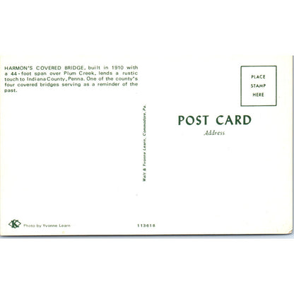 Harmon's Covered Bridge Plum Creek Indiana County PA Vintage Bridge Postcard PD3