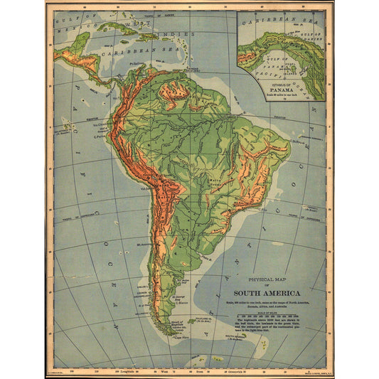 Physical Map of South America 1901 Map V14-1