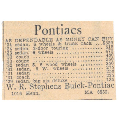 W.R. Stephens Buick-Pontiac Hennepin 1935 Minneapolis Journal Ad AE7-H3