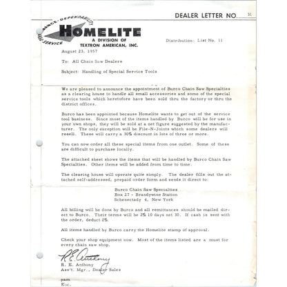 1957 Homelite Dealer Letter Burco Chain Saw Specialties Announcement D10