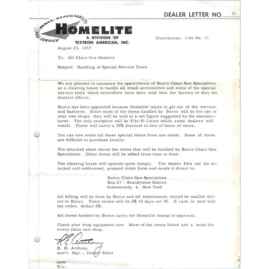 1957 Homelite Dealer Letter Burco Chain Saw Specialties Announcement D10