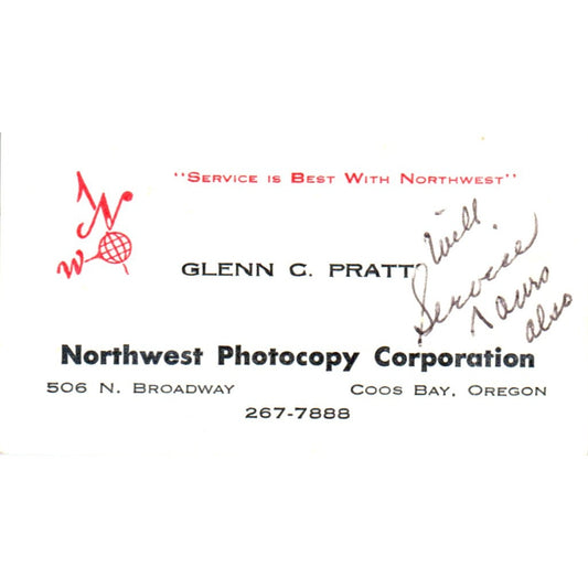 Glenn C. Pratt Northwest Photocopy Corp Coos Bay OR Vintage Business Card SE3-B3