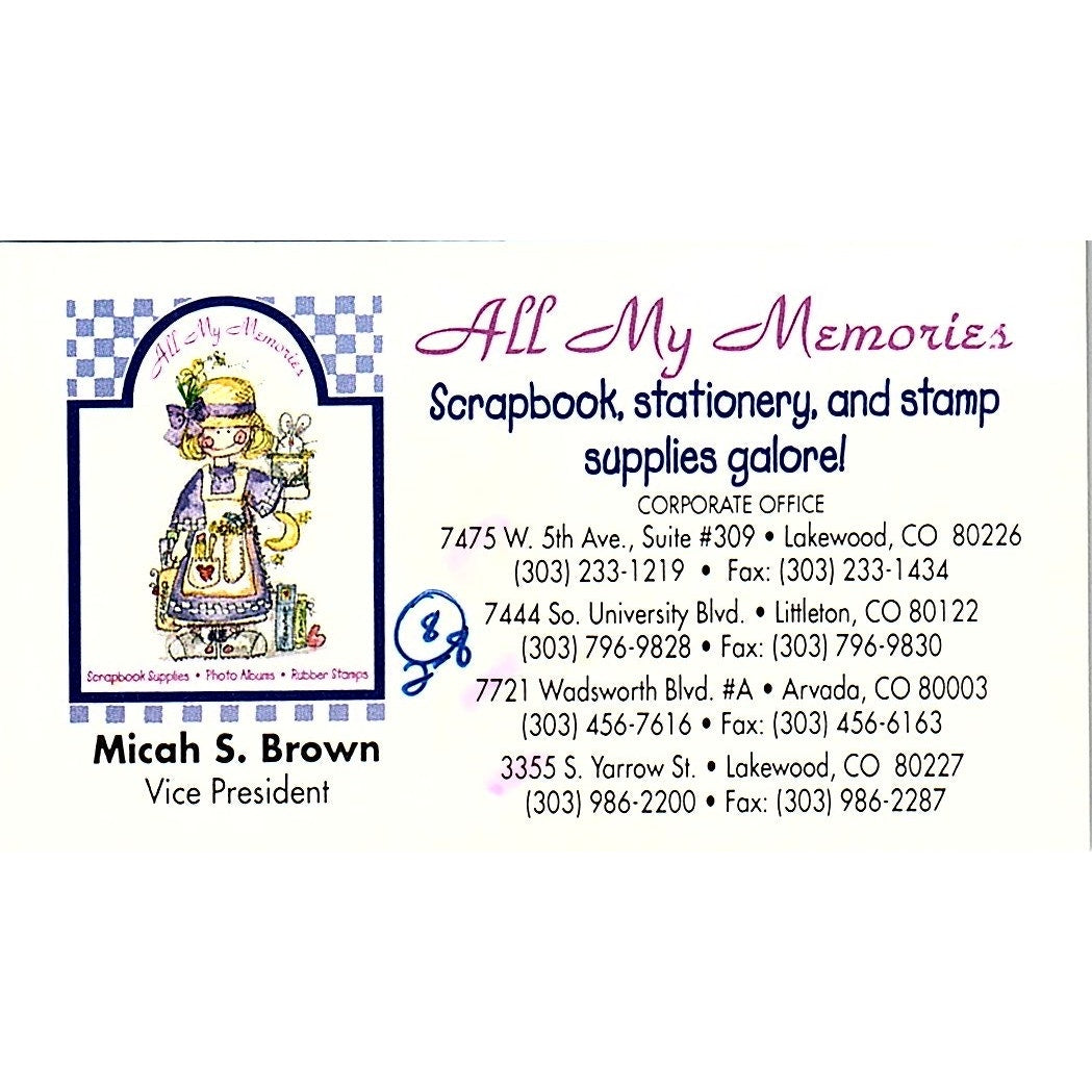 Micah S Brown All My Memories Scrapbook Lakewood CO Vtg Business Card SC9-B11