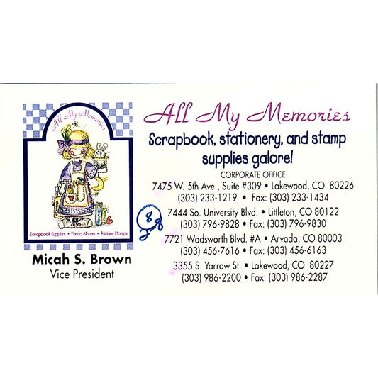 Micah S Brown All My Memories Scrapbook Lakewood CO Vtg Business Card SC9-B11