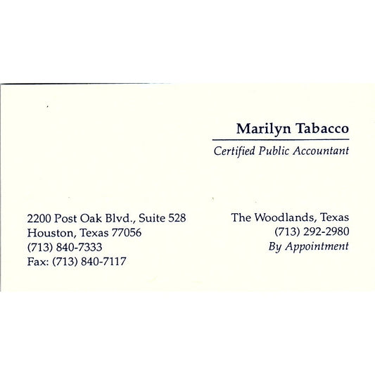 Marilyn Tabacco CPA The Woodlands TX Vintage Business Card SC9-B1