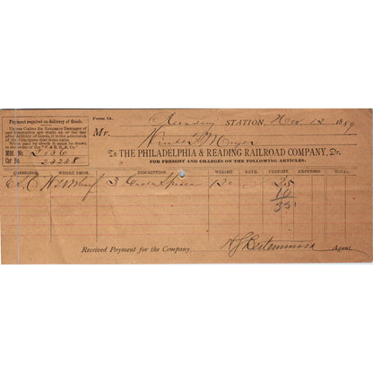1889 The Philadelphia & Reading Railroad Co Original Billhead Receipt AE7-2