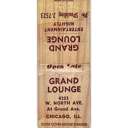 Grand Lounge 4323 W. North Ave Chicago Vintage Matchbook Cover SC7-Y11