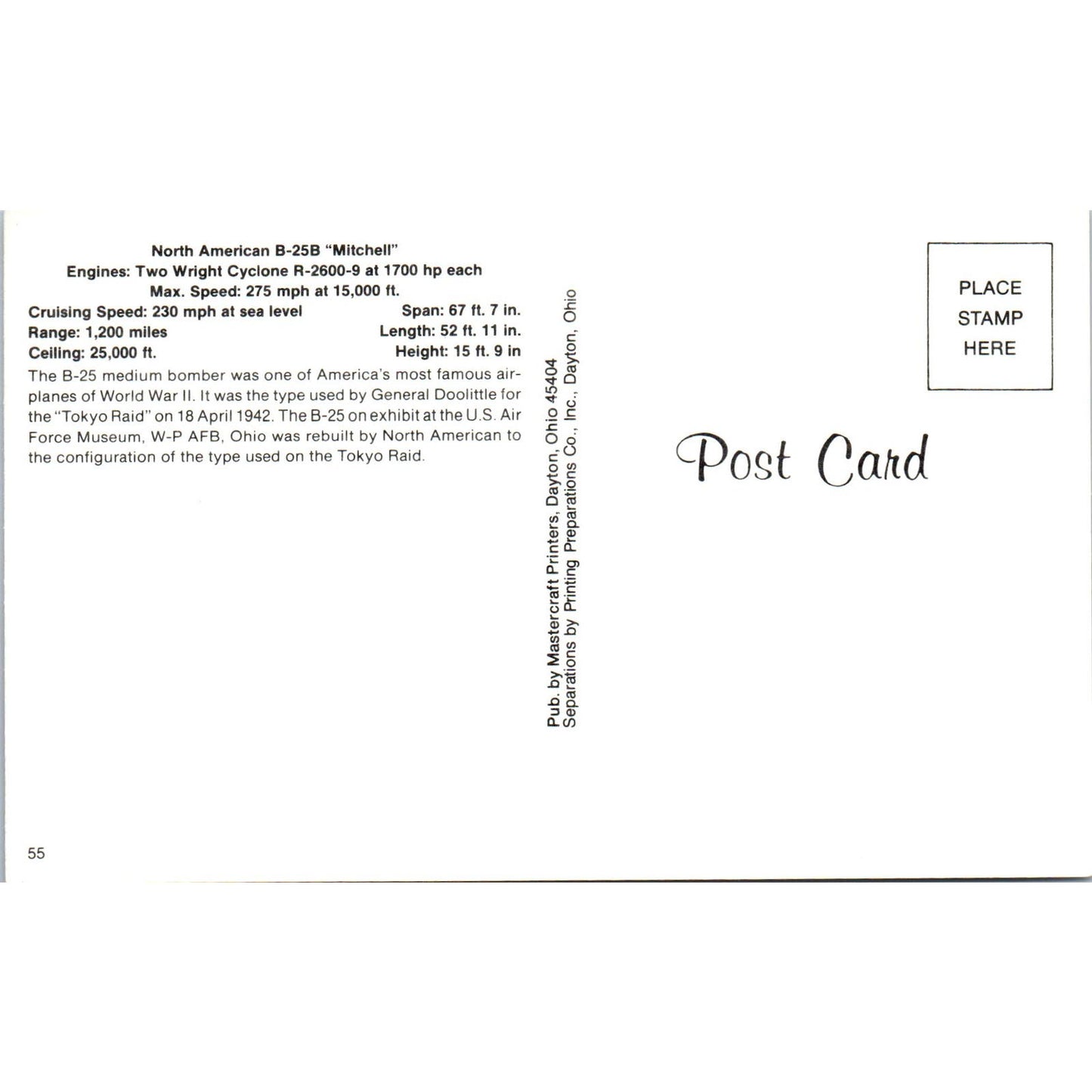 North American B-25B Mitchell Vintage Postcard TG8-PC