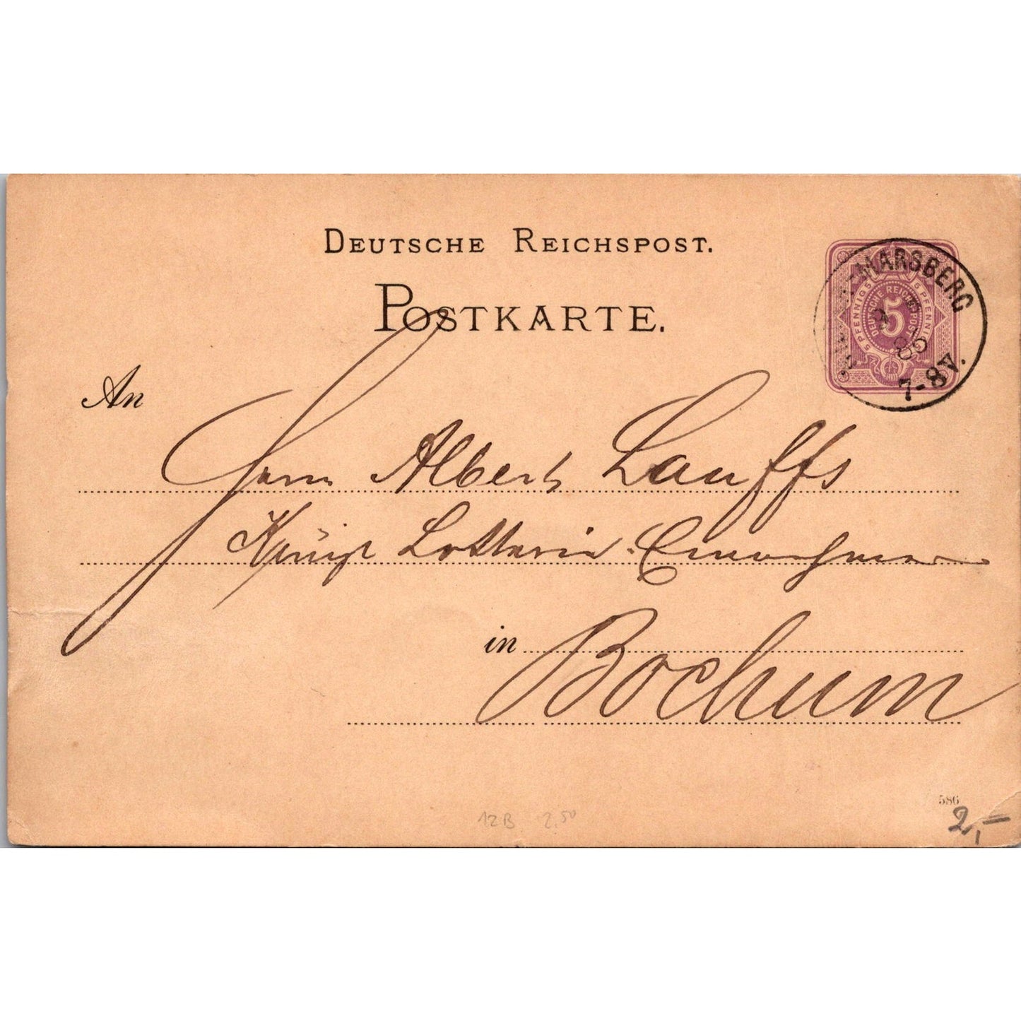 Bachum Albert Lauffs Marsburg 1885 German Reich Postcard P5-12