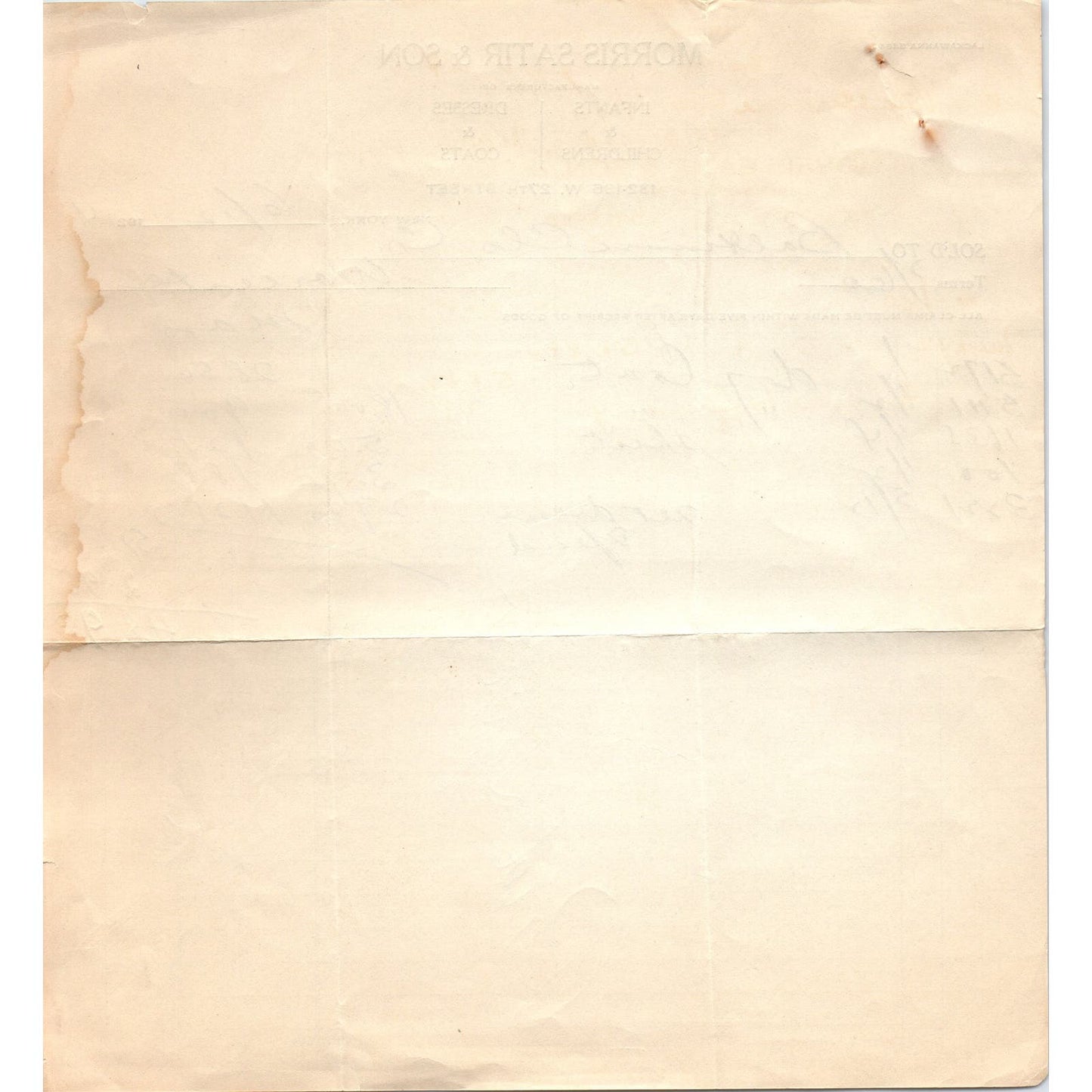 Morris Satir & Son Clothing NY 1924 Original Billhead Letterhead Receipt D8-LL